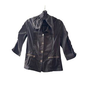 Black Womens Button-Up Jacket With Zipper Pockets & Ruched Sleeves By Wearables